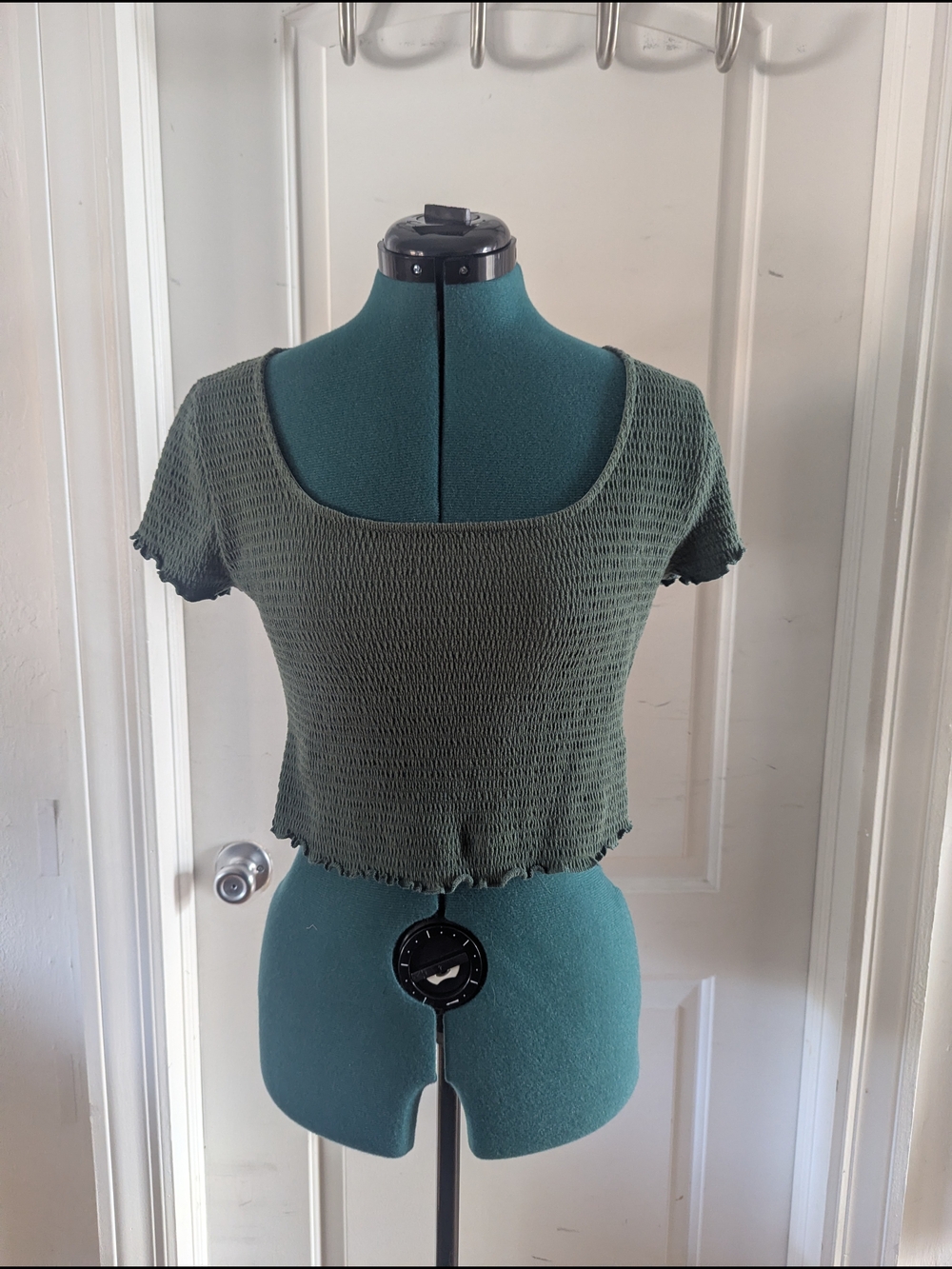 Olive Green Smocked Square-Neck Crop Top